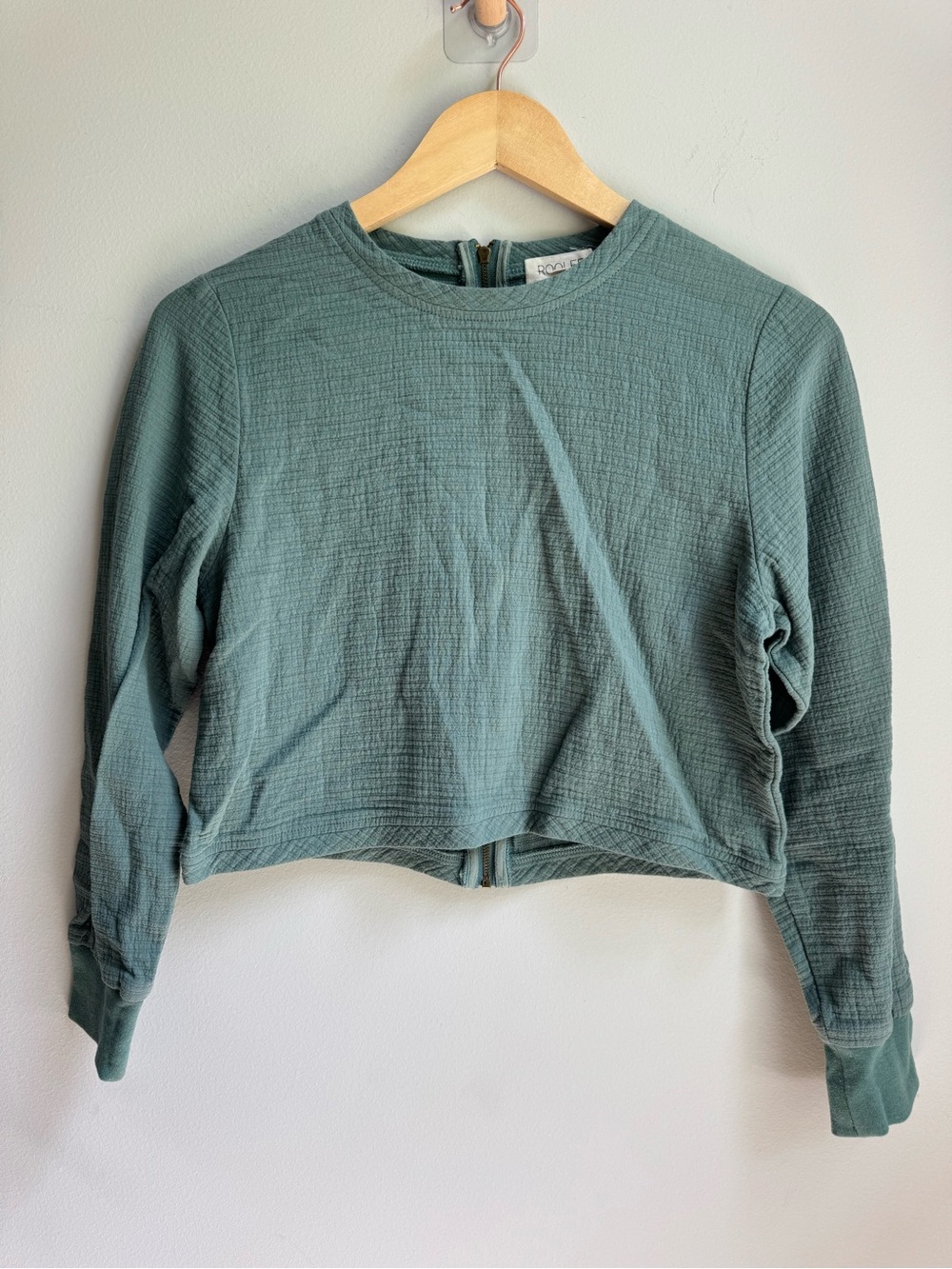 Roolee Waffle Feel Long Sleeve Crop Top in Sage Green Full Back Zip